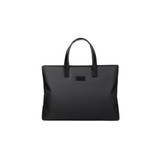 A black nylon briefcase with sturdy handles and a sleek design, featuring a logo on the front.