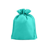 A turquoise non-woven drawstring bag with a gathered top and a logo.