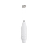 A milk frother in white with a stainless steel whisk and a decorative handle. It has a sleek, modern design.