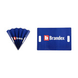 A blue Clap Banner displayed in a folded fan shape and a flat rectangular shape, both featuring a logo.