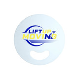 A round, white promotional PP fan featuring a logo and text in blue and yellow.