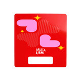 A custom shape paper fan in red with pink abstract heart designs and a logo at the bottom.