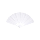 A plastic hand fan is displayed, featuring multiple white panels and a circular base for easy handling.