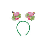 A green headband featuring pink flamingos with decorative flowers and foliage on each side.