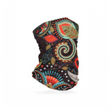 A colourful neck gaiter featuring intricate patterns of leaves and swirls in red, green, and gold on a black background.