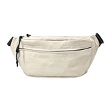 A large beige bum bag with a front zipper pocket and adjustable straps, featuring a logo.