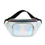 A holographic fanny pack in white with a pink zipper and a front pocket, featuring a black adjustable strap.