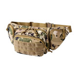 A tactical fanny pack in a camouflage pattern featuring multiple zippered compartments and an adjustable strap.
