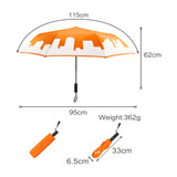 An orange and white umbrella featuring a city skyline design, with a compact size of 23 inches. Includes a logo.