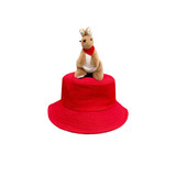 A red decorated bucket hat featuring a plush kangaroo toy on top.