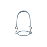 A drink bottle carrying strap in light blue silicone, featuring metal clips and a circular handle.