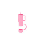 A drink bottle in pink silicone with a handle and detachable straw cover. It features a sleek cup-shaped design.