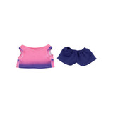 A pink and purple gradient top with a matching pair of navy shorts for 15–17cm dolls, featuring a logo.