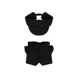 A black racing suit set for a 10cm plush doll, including a cap and shorts. Features a branded logo.