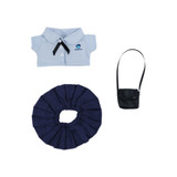 A blue collared shirt, a navy scrunchie, and a black shoulder bag for a plush doll uniform set.