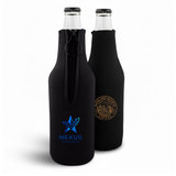 A drink bottle holder in black neoprene, featuring two bottles and logos on the front.