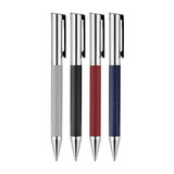 A set of four Geneva Metal Pens in grey, black, red, and navy, featuring a textured grip and chrome accents.