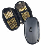 A case with nine brushes featuring gold handles and black bristles, enclosed in a black zippered pouch.