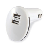 A white USB car charger with two ports, labeled 1A and 2.1A, featuring a circular design.