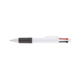 A plastic pen in white, featuring a black grip and accents in red and blue, with a logo displayed on the side.