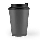A reusable coffee cup featuring a sleek, matte gray design with a black comfort lid.