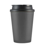 A coffee mug in matte gray with a black handle lid and an integrated logo.