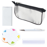 A collection including a white zippered pouch, a white pen, a flower-shaped sticky note pad, and a white lip balm tube.