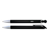 A pair of black plastic pens with silver accents, featuring different styles of pen tips and clips.
