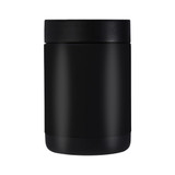 A drink bottle in matte black, featuring a sleek design and a lid. It has a logo on its surface.