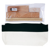 A stationery set featuring a black and cream zippered pouch with a wooden ruler, sharpener, and assorted wooden items inside a clear bag.