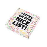 A gift box decorated with colorful holiday-themed graphics, featuring the phrase "YOU'RE ON OUR NICE LIST!"