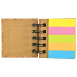 A cork-bound sticky note pad with colorful notes in pink, yellow, and blue. It features a metal binding.