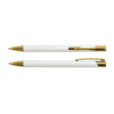 A gold edition metal pen with a sleek white body and gold accents, positioned above another identical pen.