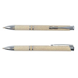 A beige eco pen with a sleek design, featuring a chrome clip and accents. The pen has a logo on the side.