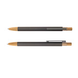 A metal pen with a dark gray barrel and bamboo accents, featuring a clip and a clear section. It includes a logo.