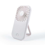 A portable white fan with a circular grille and a built-in stand.