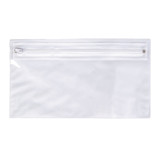 A transparent pencil case featuring a zippered top closure, suitable for office and business use.