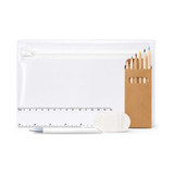 A clear pencil case containing coloured pencils, a white pen, an eraser, and a ruler.