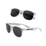 White sunglasses with dark lenses, featuring a logo on the arm, displayed from two angles.