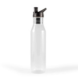 A drink bottle in transparent material with a black spout and lid, featuring a simple design.