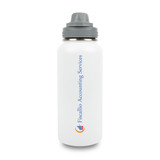 A drink bottle with a white finish, featuring a grey lid and a logo. Suitable for various beverages.