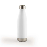 A drink bottle in white with a metallic silver bottom and cap, featuring a smooth, sleek design.