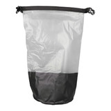 A waterproof bag featuring a clear upper section and black lower section, secured with adjustable straps.