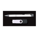 A pen and a flash drive are featured in the Cove Gift Set, showcasing sleek black and white designs.