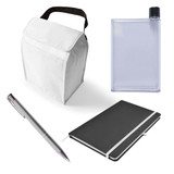 A cooler bag with a handle, a clear drink bottle, a silver pen, and a black notebook with a strap.