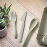 A set of eco-friendly cutlery in light green, including a fork, knife, and spoon, alongside a storage case and a small plant.