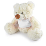 A plush teddy bear in cream and light pink, featuring a soft texture and a round nose. It has a blank area on its chest.