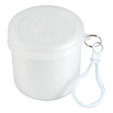 A white, round container with a secure lid and a clip for easy attachment.