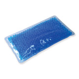 A gel bead hot and cold pack in a rectangular shape, featuring blue gel beads inside a clear plastic exterior.