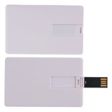 A white credit card-sized flash drive with a retractable USB connector. It features a simple design with a logo on it.